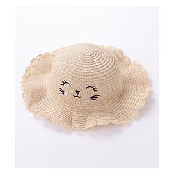 Babyhug Straw Hat with Purse Cat Design - Beige