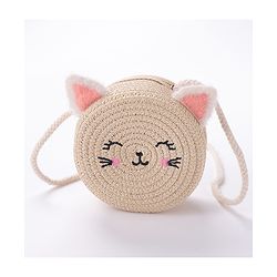 Babyhug Straw Hat with Purse Cat Design - Beige