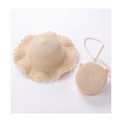 Babyhug Straw Hat with Purse Cat Design - Beige