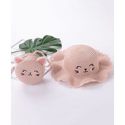 Babyhug Straw Hat Cat Design with Sling Bag - Pink