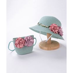 Babyhug Straw Hat Flower Design with Sling Bag - Blue