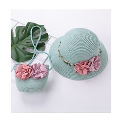 Babyhug Straw Hat Flower Design with Sling Bag - Blue
