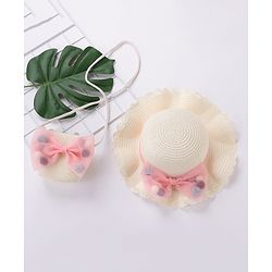 Babyhug Straw Hat Bow Design with Sling Bag - Cream