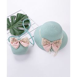 Babyhug Straw Hat Bow Design with Sling Bag - Blue