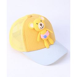 Babyhug Cotton Baseball Cap with Teddy Bear Design - Yellow