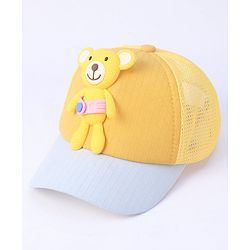 Babyhug Cotton Baseball Cap with Teddy Bear Design - Yellow