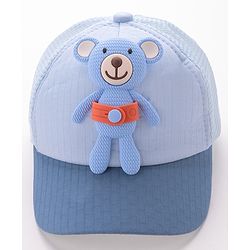 Babyhug Cotton Baseball Cap with Teddy Bear Applique-  Blue