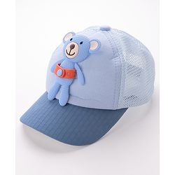 Babyhug Cotton Baseball Cap with Teddy Bear Applique-  Blue