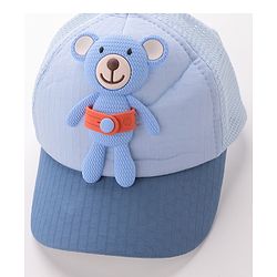 Babyhug Cotton Baseball Cap with Teddy Bear Applique-  Blue