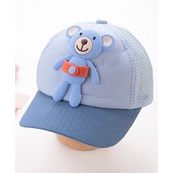 Babyhug Cotton Baseball Cap with Teddy Bear Applique-  Blue
