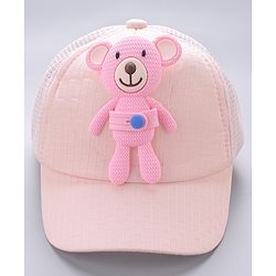Babyhug Cotton Baseball Cap With Teddy Bear Applique - Pink