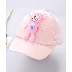 Babyhug Cotton Baseball Cap With Teddy Bear Applique - Pink