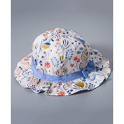 Babyhug Cotton Bucket Hat Floral Print with Bow White - Diameter 16.5 cm