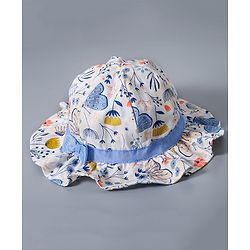 Babyhug Cotton Bucket Hat Floral Print with Bow White - Diameter 16.5 cm