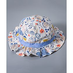Babyhug Cotton Bucket Hat Floral Print with Bow White - Diameter 16.5 cm