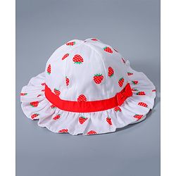 Babyhug Cotton Bucket Hat Strawberry Print with Bow White - Diameter 16 cm
