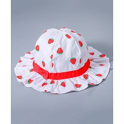 Babyhug Cotton Bucket Hat Strawberry Print with Bow White - Diameter 16 cm