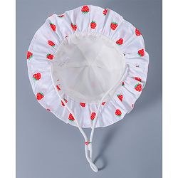 Babyhug Cotton Bucket Hat Strawberry Print with Bow White - Diameter 16 cm