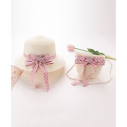 Babyhug Straw Hat with Bow Applique and Purse - White