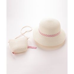 Babyhug Straw Hat with Bow Applique and Purse - White
