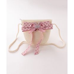 Babyhug Straw Hat with Bow Applique and Purse - White