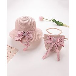 Babyhug Straw Hat with Bow Applique and Purse - Pink