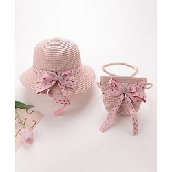Babyhug Straw Hat with Bow Applique and Purse - Pink
