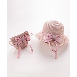 Babyhug Straw Hat with Bow Applique and Purse - Pink