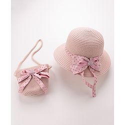 Babyhug Straw Hat with Bow Applique and Purse - Pink