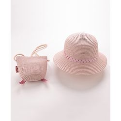 Babyhug Straw Hat with Bow Applique and Purse - Pink