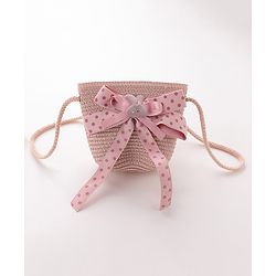 Babyhug Straw Hat with Bow Applique and Purse - Pink