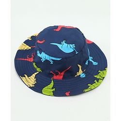 Babyhug Cotton Bucket Hat Dinosaur Print Navy Blue - Diameter 15.5 cm