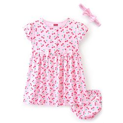 Babyhug Cotton Single Jersey Knit Half Sleeves Frock with Bloomer & Headband Cherry Print - Pink
