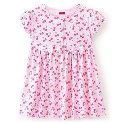 Babyhug Cotton Single Jersey Knit Half Sleeves Frock with Bloomer & Headband Cherry Print - Pink
