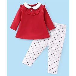 Babyhug 100% Cotton Single Jersey Knit Full Sleeves Frock with Legging Polka Dot Print - Red