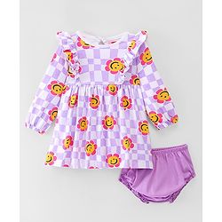 Babyhug 100% Cotton Knit Full Sleeves Frock With Bloomer Smiley Print - Purple
