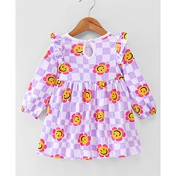 Babyhug 100% Cotton Knit Full Sleeves Frock With Bloomer Smiley Print - Purple