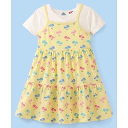 Babyhug 100% Cotton Knit Frock With Half Sleeves Inner Tee Palm Tree Print - Yellow & White