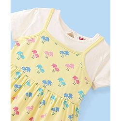 Babyhug 100% Cotton Knit Frock With Half Sleeves Inner Tee Palm Tree Print - Yellow & White