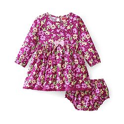 Babyhug 100% Cotton Knit Full Sleeves Frock with Bloomer Floral Print - Pink & Purple