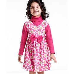 Babyhug 100% Cotton Knit Full Sleeves Inner T-Shirt & Frock With Heart Print - Pink