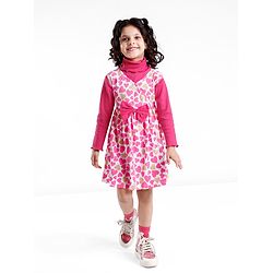 Babyhug 100% Cotton Knit Full Sleeves Inner T-Shirt & Frock With Heart Print - Pink