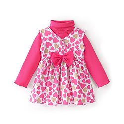 Babyhug 100% Cotton Knit Full Sleeves Inner T-Shirt & Frock With Heart Print - Pink