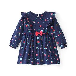 Babyhug 100% Cotton Knit Full Sleeves Floral Printed Frock with Frill Detailing - Navy Blue