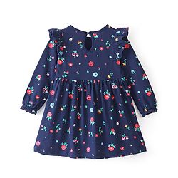 Babyhug 100% Cotton Knit Full Sleeves Floral Printed Frock with Frill Detailing - Navy Blue