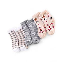 Cutewalk By Babyhug Anti Bacterial Ankle Length Socks Christmas Pack Of 3 - Cream & Grey