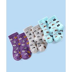 Cutewalk By Babyhug Anti Bacterial Ankle Length Socks Kitty Print Pack Of 3 - Purple Grey & Blue