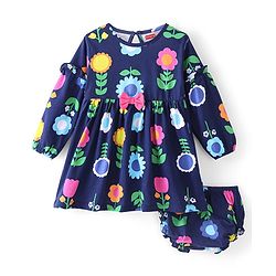 Babyhug 100% Cotton Knit Full Sleeves Frock with Bloomer Floral Print - Navy Blue