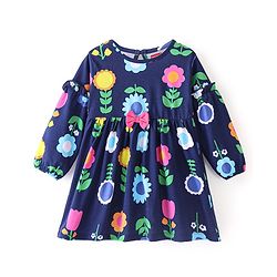 Babyhug 100% Cotton Knit Full Sleeves Frock with Bloomer Floral Print - Navy Blue