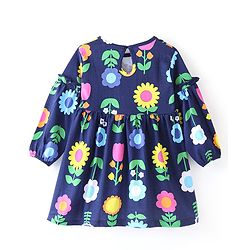 Babyhug 100% Cotton Knit Full Sleeves Frock with Bloomer Floral Print - Navy Blue